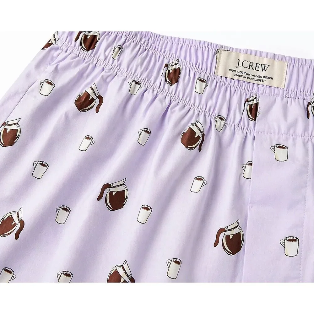 J.Crew Coffee Print Boxer Shorts Large Purple 100% Cotton NWT Pajama Shorts